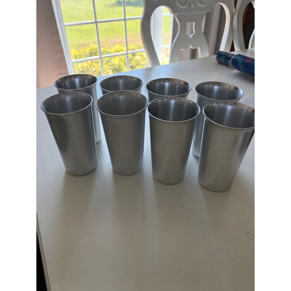 Vintage Kensington Ware Aluminum Tumblers Set of 8 Mid Century Modern Silver Cup